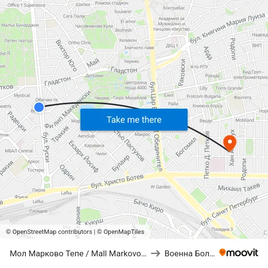Мол Марково Тепе / Mall Markovo Tepe (168) to Военна Болница map