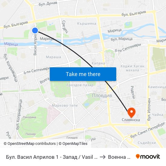 Бул. Васил Априлов 1 - Запад / Vasil Aprilov St. 1 - West (402) to Военна Болница map