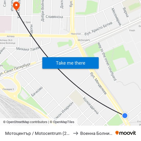 Мотоцентър / Motocentrum (258) to Военна Болница map