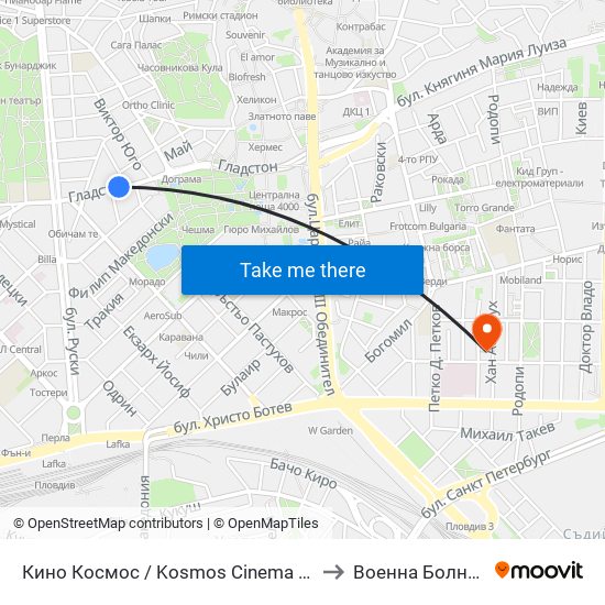 Кино Космос / Kosmos Cinema (263) to Военна Болница map