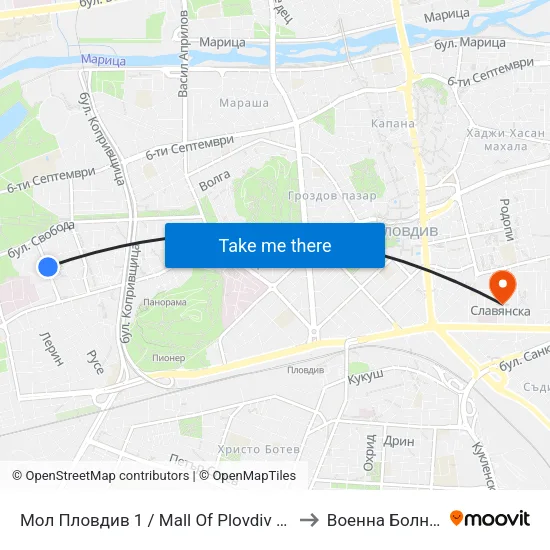Мол Пловдив 1 / Mall Of Plovdiv 1 (315) to Военна Болница map