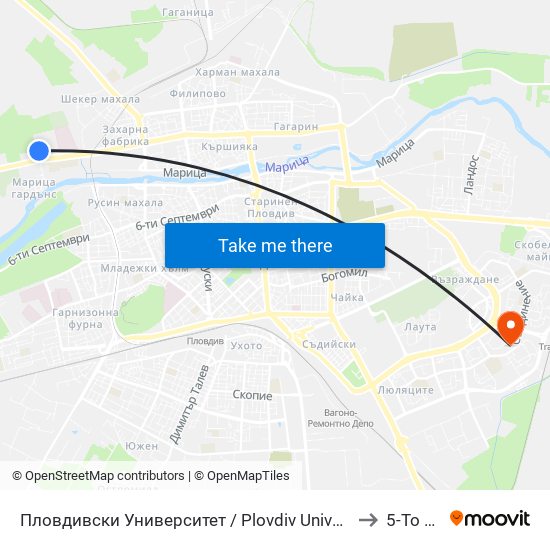 Пловдивски Университет / Plovdiv University (1003) to 5-То Дкц map