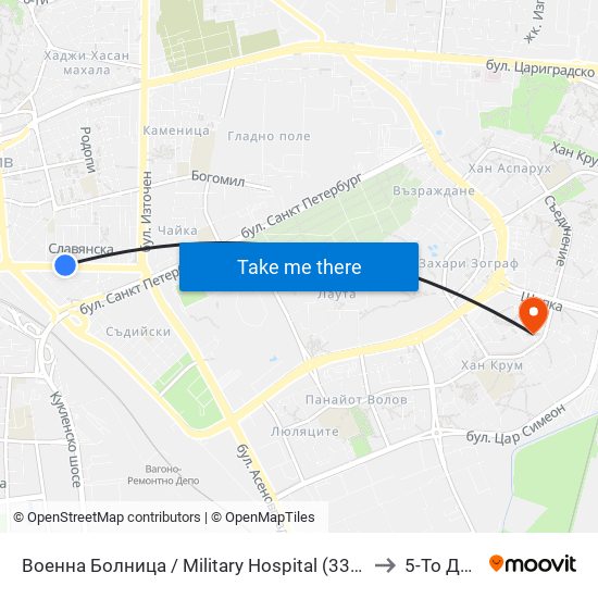 Военна Болница / Military Hospital (335) to 5-То Дкц map