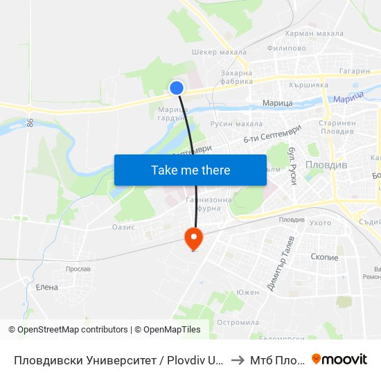 Пловдивски Университет / Plovdiv University (1003) to Мтб Пловдив map