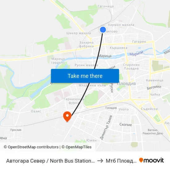 Автогара Север / North Bus Station (57) to Мтб Пловдив map
