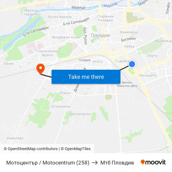 Мотоцентър / Motocentrum (258) to Мтб Пловдив map