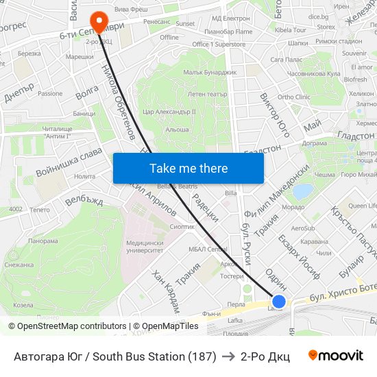 Автогара Юг / South Bus Station (187) to 2-Ро Дкц map