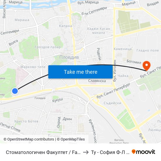 Стоматологичен Факултет / Faculty Of Dentistry to Ту - София Ф-Л Пловдив map