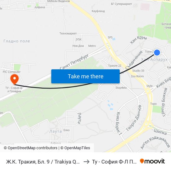 Ж.К. Тракия, Бл. 9 / Trakiya Qr, Bl. 9 (238) to Ту - София Ф-Л Пловдив map