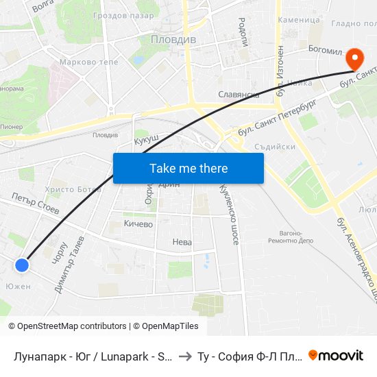 Лунапарк - Юг / Lunapark - South (20) to Ту - София Ф-Л Пловдив map