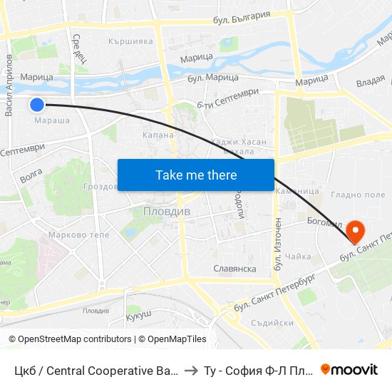 Цкб / Central Cooperative Bank (384) to Ту - София Ф-Л Пловдив map