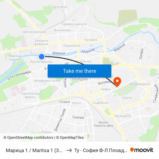 Марица 1 / Maritsa 1 (385) to Ту - София Ф-Л Пловдив map