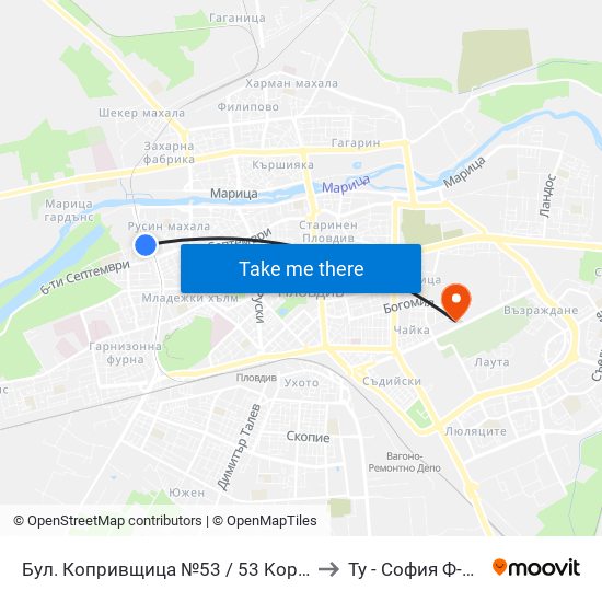 Бул. Копривщица №53 / 53 Koprivshtitsa Blvd. (387) to Ту - София Ф-Л Пловдив map