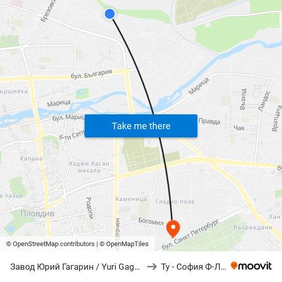 Завод Юрий Гагарин / Yuri Gagarin Factory (1007) to Ту - София Ф-Л Пловдив map