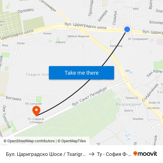 Бул. Цариградско Шосе / Tsarigradsko Shosse Blvd. (132) to Ту - София Ф-Л Пловдив map