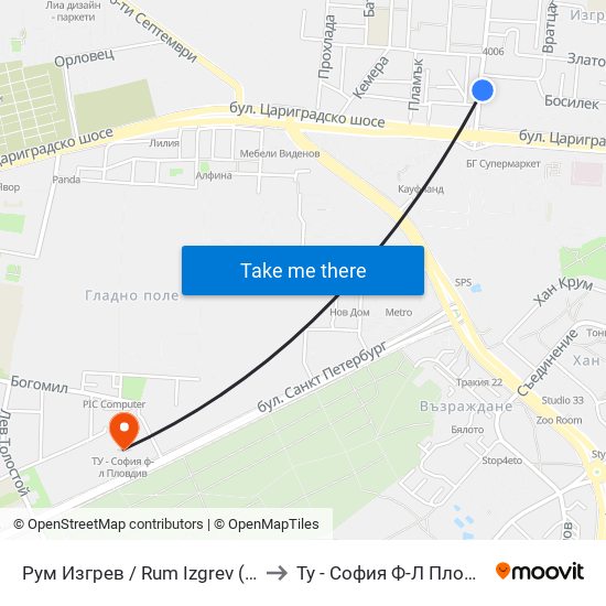 Рум Изгрев / Rum Izgrev (127) to Ту - София Ф-Л Пловдив map