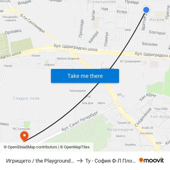 Игрището / the Playground (128) to Ту - София Ф-Л Пловдив map
