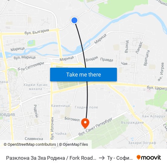 Разклона За Зха Родина / Fork Road To Rodina Paper And Packaging Factory (211) to Ту - София Ф-Л Пловдив map