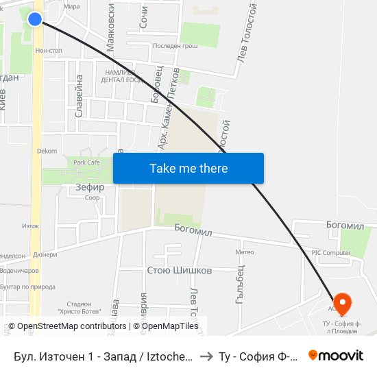 Бул. Източен 1 - Запад / Iztochen Blvd. 1 - West (251) to Ту - София Ф-Л Пловдив map