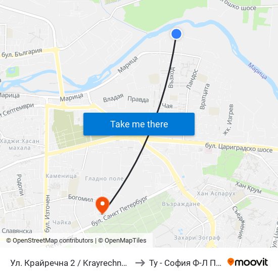 Ул. Крайречна 2 / Krayrechna St. 2 (410) to Ту - София Ф-Л Пловдив map