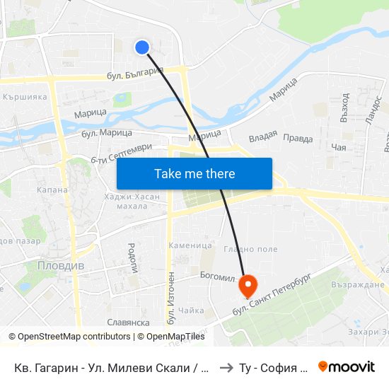 Кв. Гагарин - Ул. Милеви Скали / Gagarin Qr - Milevi Steni St. (1018) to Ту - София Ф-Л Пловдив map