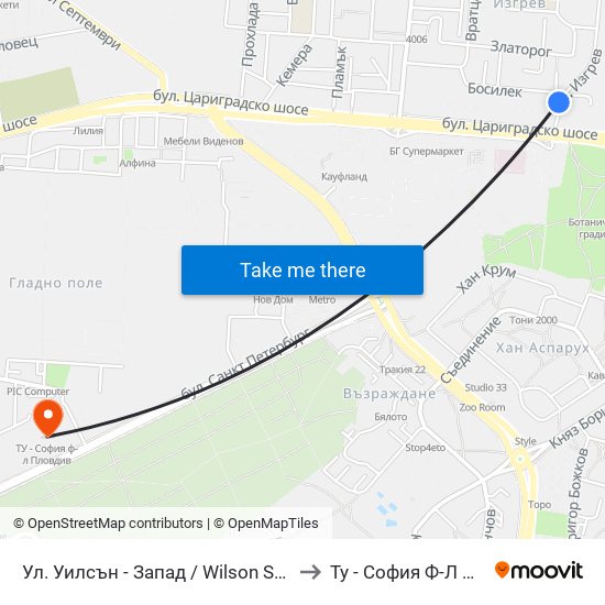 Ул. Уилсън - Запад / Wilson St - West (400) to Ту - София Ф-Л Пловдив map