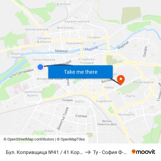 Бул. Копривщица №41 / 41 Koprivshtitsa Blvd. (144) to Ту - София Ф-Л Пловдив map