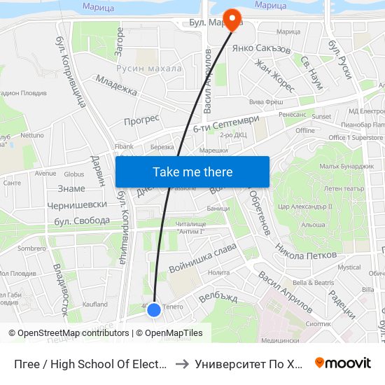 Пгее / High School Of Electrical Engineering And Electronics (171) to Университет По Хранителни Технологии (Ухт) map