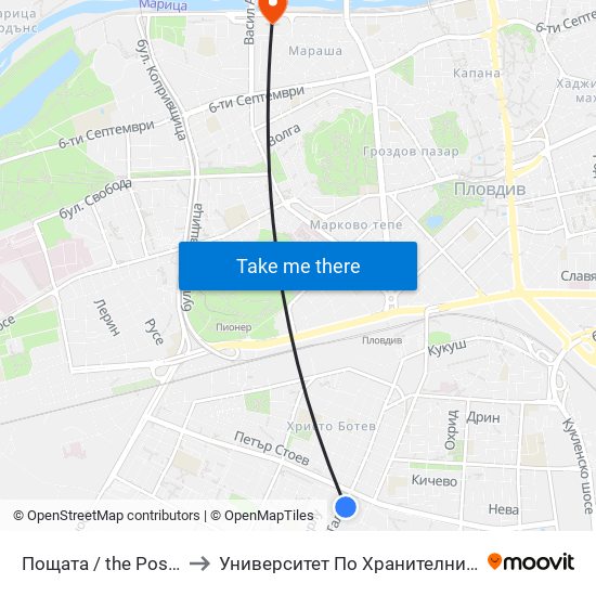 Пощата / the Post Office (39) to Университет По Хранителни Технологии (Ухт) map