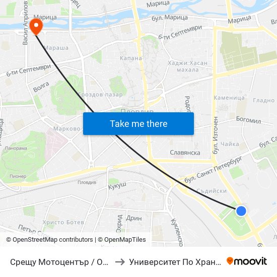 Срещу Мотоцентър / Opposite Motocentrum (104) to Университет По Хранителни Технологии (Ухт) map