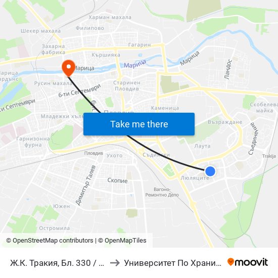Ж.К. Тракия, Бл. 330 / Trakiya Qr, Bl. 330 (358) to Университет По Хранителни Технологии (Ухт) map