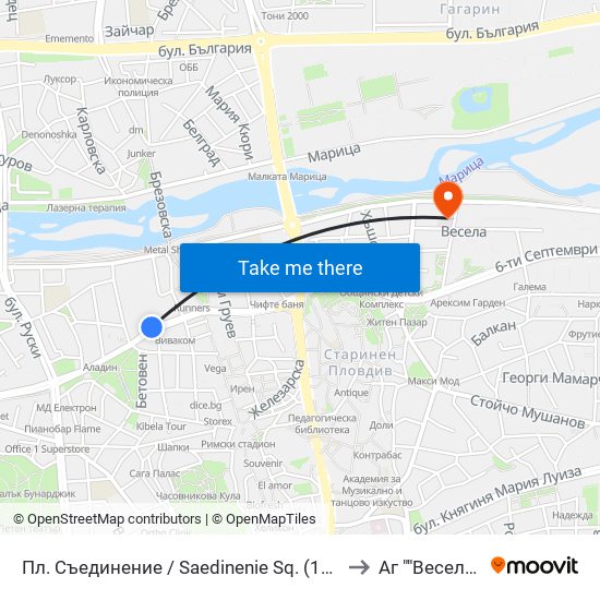 Пл. Съединение / Saedinenie Sq. (141) to Аг ""Весела"" map