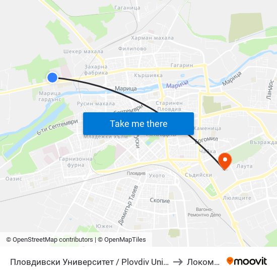 Пловдивски Университет / Plovdiv University (1003) to Локомотив map