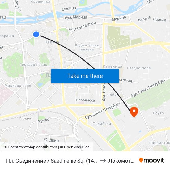 Пл. Съединение / Saedinenie Sq. (141) to Локомотив map