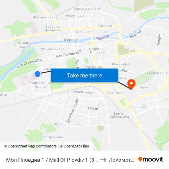 Мол Пловдив 1 / Mall Of Plovdiv 1 (315) to Локомотив map