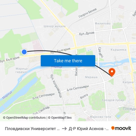 Пловдивски Университет / Plovdiv University (1003) to Д-Р Юрий Асенов - Пластичен Хирург map