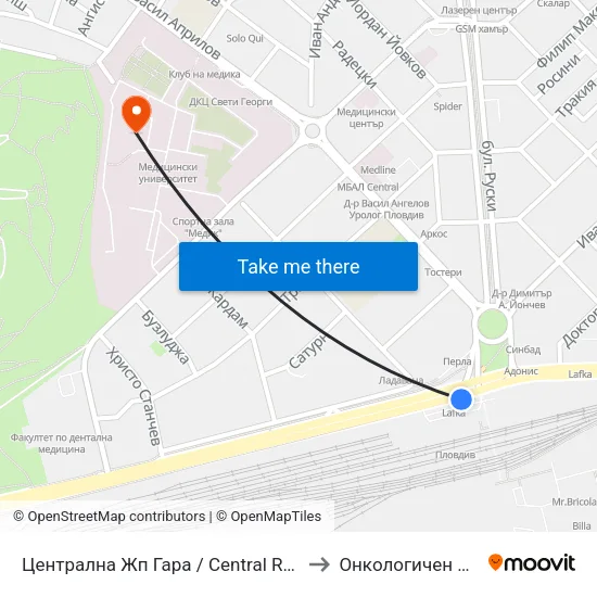 Централна Жп Гара / Central Railway Station (205) to Онкологичен Диспансер map