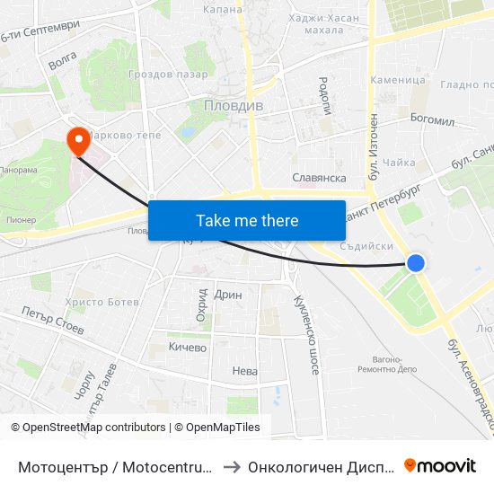 Мотоцентър / Motocentrum (258) to Онкологичен Диспансер map