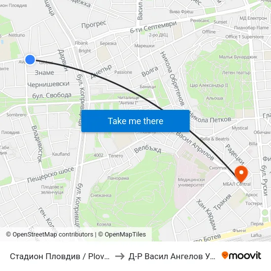 Стадион Пловдив / Plovdiv Stadium (240) to Д-Р Васил Ангелов Уролог Пловдив map