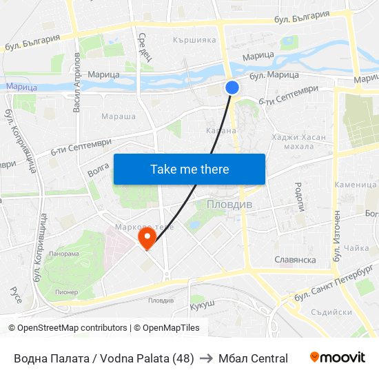 Водна Палата / Vodna Palata (48) to Мбал Central map