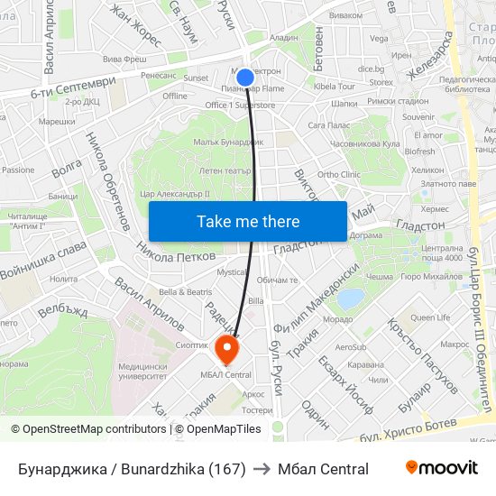 Бунарджика / Bunardzhika (167) to Мбал Central map
