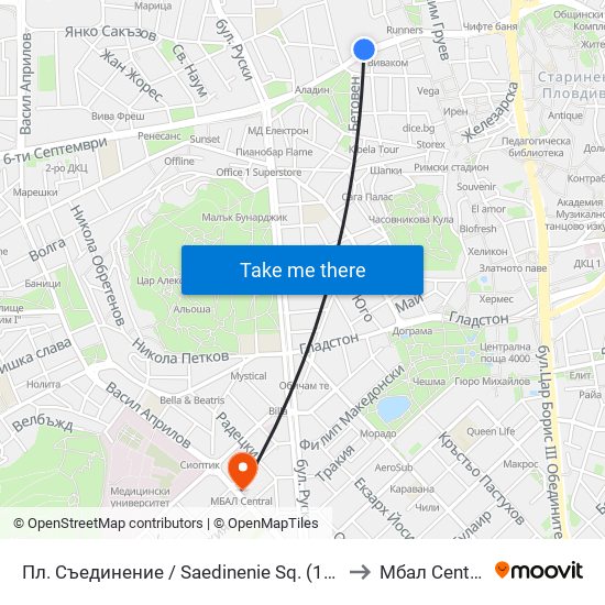 Пл. Съединение / Saedinenie Sq. (141) to Мбал Central map