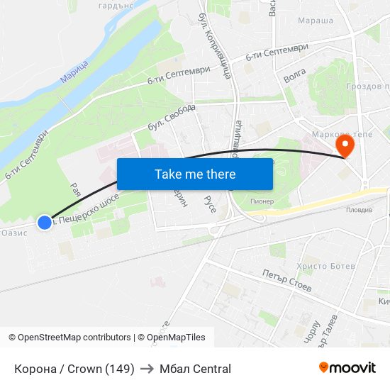 Корона / Crown (149) to Мбал Central map