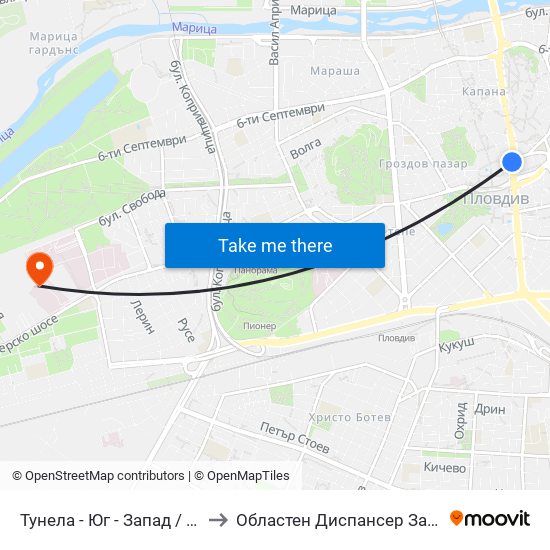 Тунела - Юг - Запад / Tunela - Ug - West (46) to Областен Диспансер За Психични Заболявания map