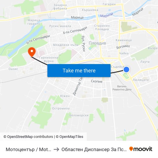 Мотоцентър / Motocentrum (258) to Областен Диспансер За Психични Заболявания map