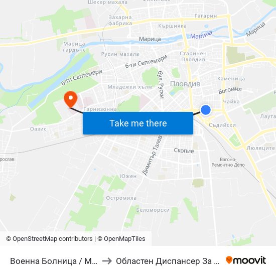 Военна Болница / Military Hospital (335) to Областен Диспансер За Психични Заболявания map