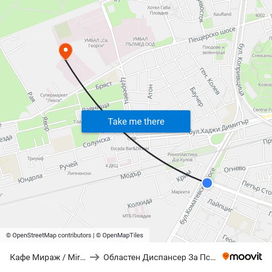 Кафе Мираж / Mirazh Cafe (191) to Областен Диспансер За Психични Заболявания map