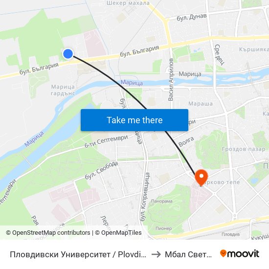 Пловдивски Университет / Plovdiv University (1003) to Мбал Свети Георги map
