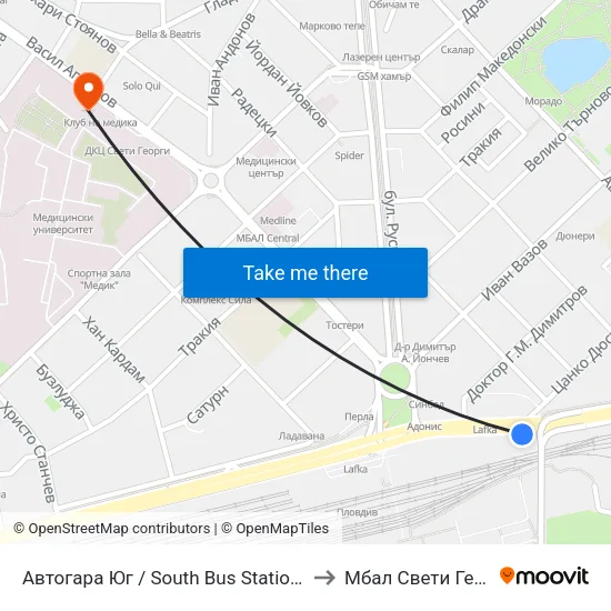 Автогара Юг / South Bus Station (206) to Мбал Свети Георги map