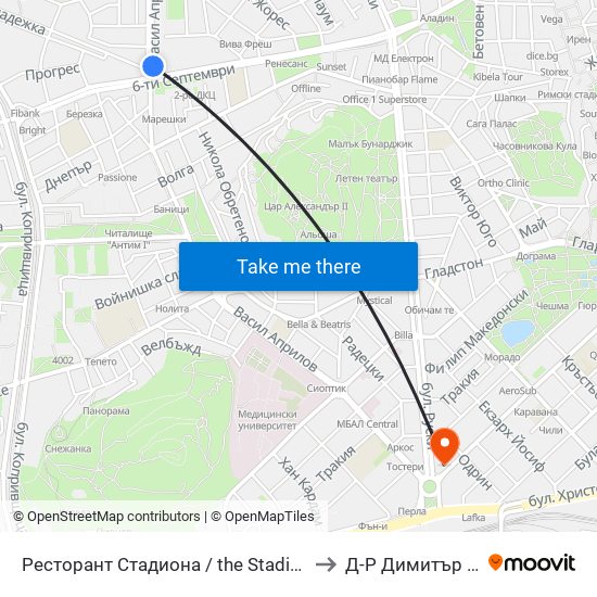 Ресторант Стадиона / the Stadium Restaurant (383) to Д-Р Димитър А. Йончев map
